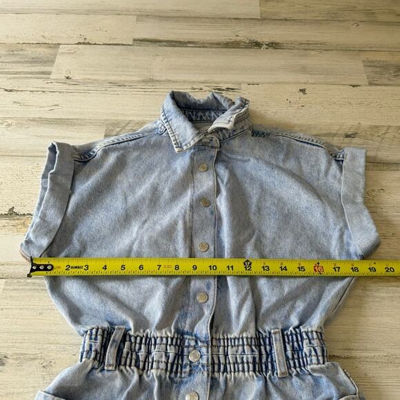 🍁 Zara Denim Mini Overalls Romper Raw Hem Snap Closure Cotton Light Wash Summer - Picture 12 of 16